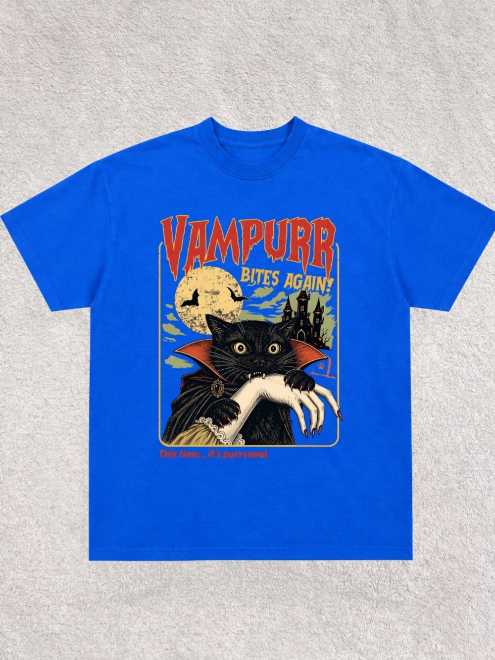 Gildan Royal Blue Vampurr Bites Again Cat Graphic Tee